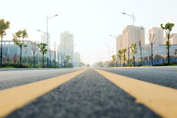 City streets, asphalt roads, traffic signs, traffic lights