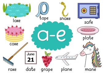 A-e digraph spelling rule educational poster set for kids with words say, day, play, pay, tray and others. Learning  phonics sound for school and preschool. Phonetic worksheet. Vector illustration - obrazy, fototapety, plakaty