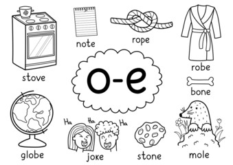 O-e digraph spelling rule black and white educational poster set for kids with words mole, joke, note, globe, etc. Learning phonics for school and preschool. Phonetic worksheet. Vector illustration