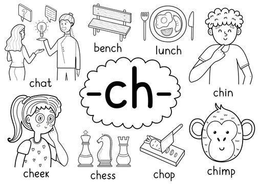Ch digraph spelling rule black and white educational poster set for kids with words. Learning -ch- phonics sound  for school and preschool. Phonetic worksheet. Vector illustration