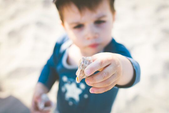 Young boy holding a sea shell on the beach sand travel and tourism concept 