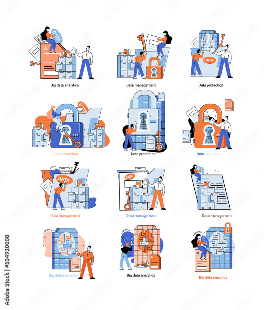 Poster big data analytics platform, data management and protection creative metaphor set abstract concept. 