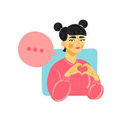 Cute young asian girl vector illustration. Online communication concept. Girl making heart symbol with her hands.
