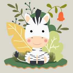 cute baby zebra on leaves background illustration