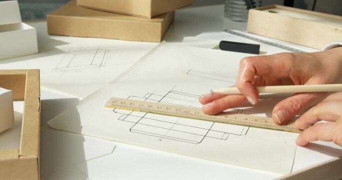 The artist draws a sketch of the package. Design blueprints.