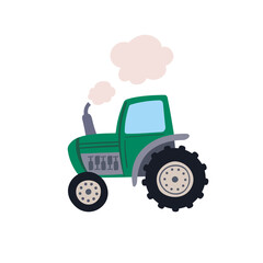 Green cartoon tractor isolated on white background. Vector cartoonish tractor illustration for kids. 
