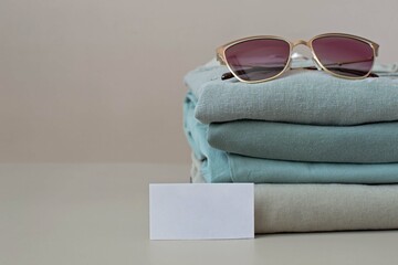 A stack of clothes made of natural material in pastel shades and sunglasses. The concept of...