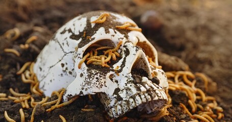 Maggots crawling in dead skull