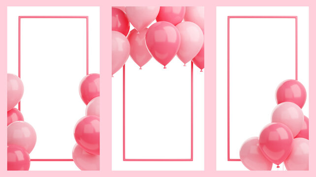Congratulation banner with pink balloons and frame on white background - 3d render social media story