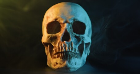 Fototapeta premium Skull with colored lighting loop closeup