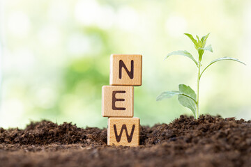 Wooden blocks lie on a wooden table against the backdrop of a summer garden and create the word NEW.