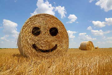 Smiley face on roll of straw. Crop wheat rolls of straw in a field after wheat harvested in agriculture farm, landscape rural scene, bread production concept, beautiful summer day clouds in the sky