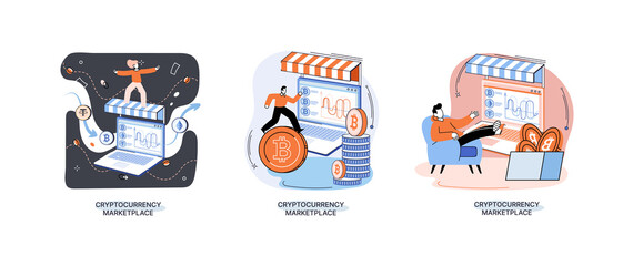 Cryptocurrency marketplace metaphor. Cryptocurrency investing platform. Bitcoin stock exchange online wallet and payments, digital money transactions. Crypto trading strategies. Exchange platform