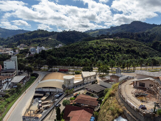small and organized country town with lots of vegetation, aerial drone view, Venda Nova do Imigrante, Espirito Santo, Brazil