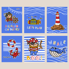 Fototapeta na wymiar PIRATES DESIGN CARDS Hand Drawn Cartoon Marine Greeting Postcard Collection With Mottos And Sea Attributes Objects For Cutting Vector Illustration Set For Print