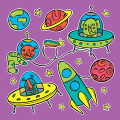 PLANETS AND RESIDENTS Cute Spaceships Flies Between Stars In The Universe Hand Drawn Space Cartoon Labels Clipart Vector Illustration Set For Print And Cutting