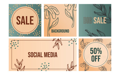 colorful social media template set. background collection, decorated with flowers, leaves, gradient. For invitation, sales, advertising. eps 10