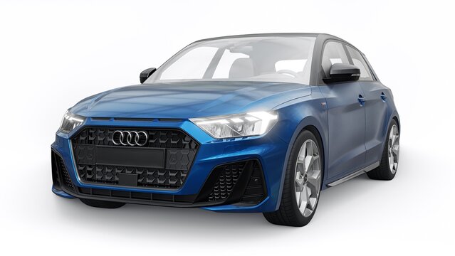 Berlin. Germany. May 12, 2022. Audi A1 S-line 2021. Compact urban premium car in a dark blue hatchback on a white isolated background. 3d rendering