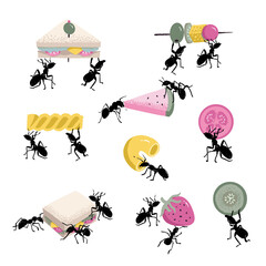 Black Ants Taking Picnic Food Funny Vector Elements Set