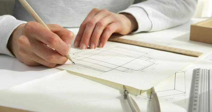 The artist draws a sketch of the package. Design blueprints.