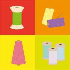 Vector set of bobbins, spools with colored thread isolated on background. Equipment for sewing, tailoring, accessory for needlework and clothing repair