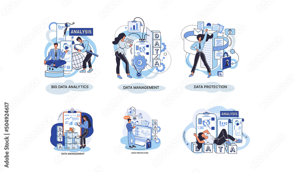 Poster big data analytics platform, data management and protection creative metaphor set abstract concept. 