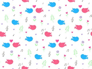 Happy birds in love seamless pattern with hearts, flowers, twigs and music notes. Cartoon vector illustration for prints, clothing, packaging and postcards.
