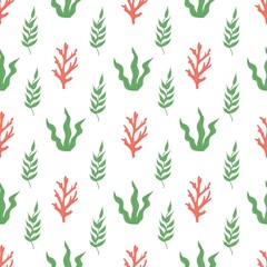 Summer seamless pattern with seaweed, corals and shells. Flat vector illustration