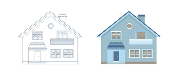 Outlined and colored blue house. Coloring page outline of home. Buildings project style. Vector village or city house.