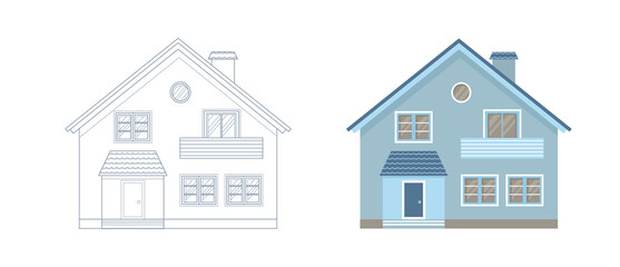 Outlined and colored blue house. Coloring page outline of home. Buildings project style. Vector village or city house.