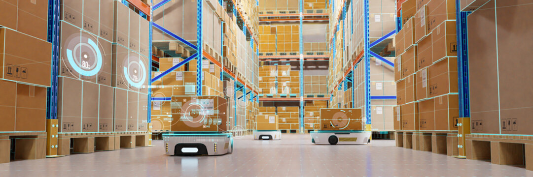 Concept of smart factory and 5G for industrial. Autonomous Robotic transportation or Automated guided vehicle systems(AGV) operating transfer box in automated warehouses.3d rendering and illustration