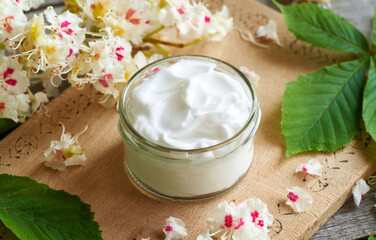 Ointment or cream made from horse chestnut flowers on a table