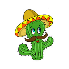 Funny cactus with a mustache wearing a Mexican sombrero hat. Vector illustration, isolated