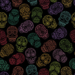 Day of the Dead  skulls pattern. Dia de los muertos print. Day of the dead and  mexican Halloween texture. Mexican tradition  festival. Day of the dead sugar skull isolated. Dia de los Muertos tattoo 
