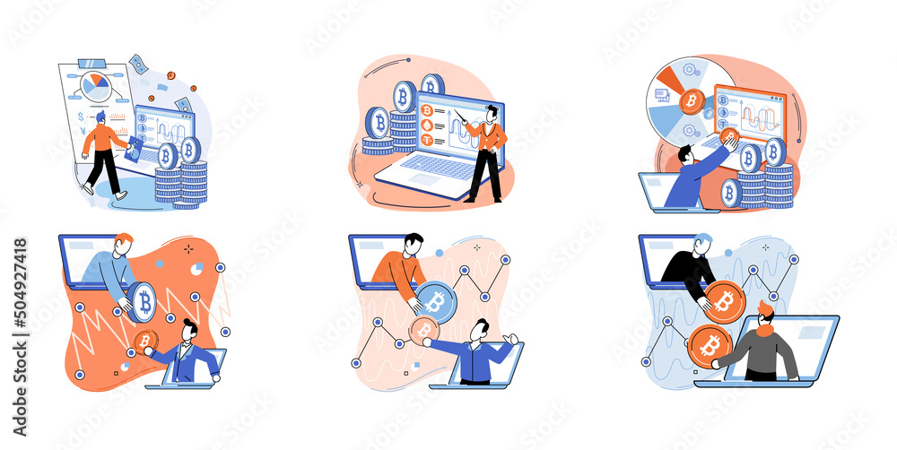 Poster cryptocurrency bitcoin mining metaphor blockchain exchange platform. cyber banking procedures, bitco