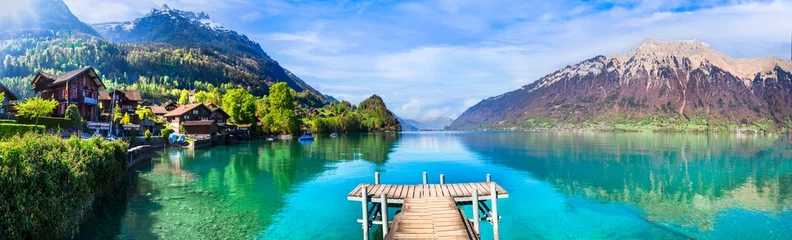 Foto auf Leinwand Stunning idylic nature scenery of mountain lake Brienz. Switzerland, Bern canton. Iseltwald village surrounded turquoise waters © Freesurf