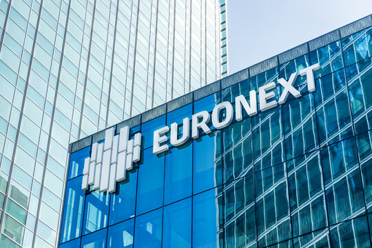 Euronext logo on the European New Exchange Technology Tower in La Defense business district in Paris France 