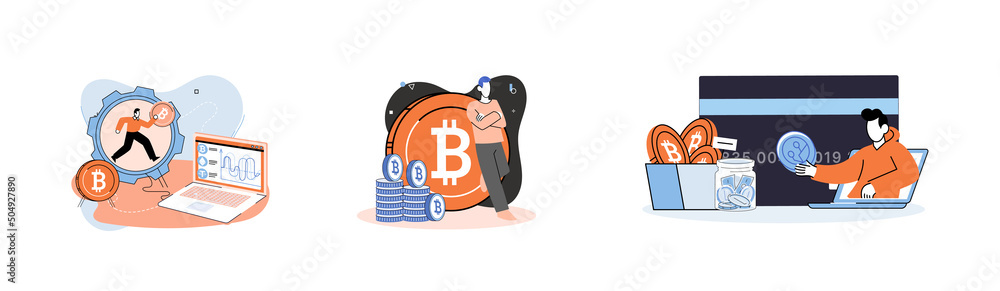 Poster cryptocurrency bitcoin mining metaphor blockchain exchange platform. cyber banking procedures, bitco