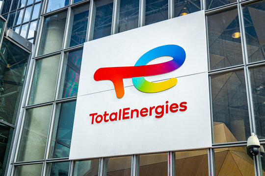 Total Energies logo on the front of the headquarters building of the French company in La D&eacute;fense, Paris