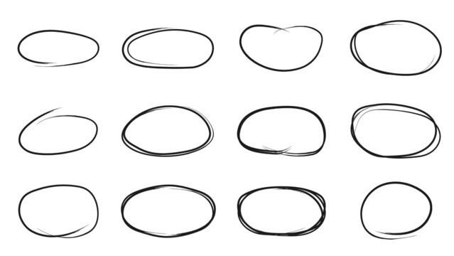 Oval empty brush border sets, black rounded marking frame symbols. Vector illustration.