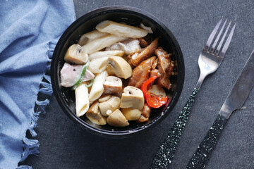  homemade cooked chicken mushroom pasta in a bowl 