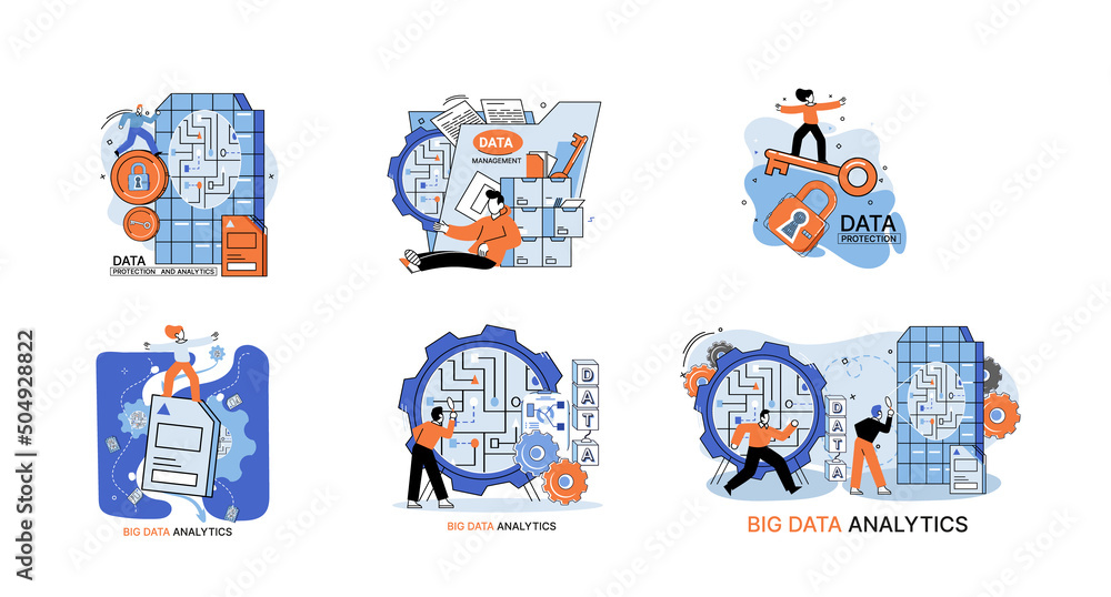 Aufkleber big data analytics platform, data management and protection creative metaphor set abstract concept. 
