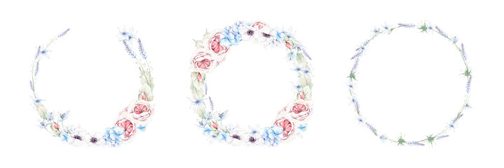 Watercolor floral wreaths. Pink and blue flowers, green leaves and branches isolated on white background. Botanical illustration for wedding designs, postcards, greeting cards, invitations