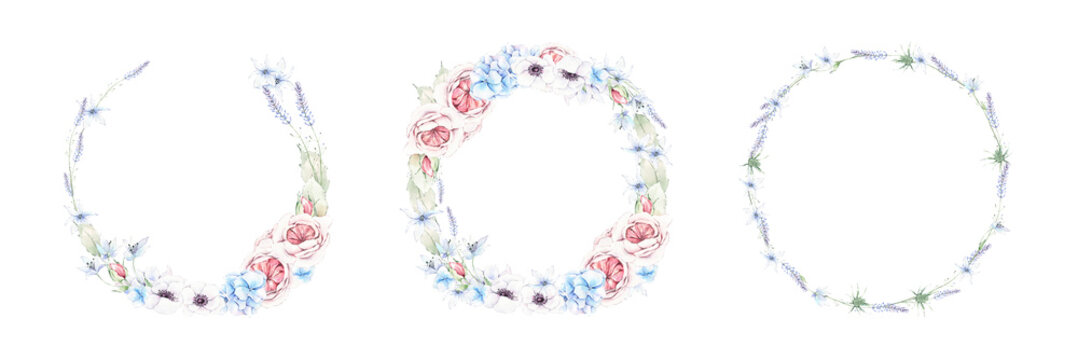 Watercolor floral wreaths. Pink and blue flowers, green leaves and branches isolated on white background. Botanical illustration for wedding designs, postcards, greeting cards, invitations