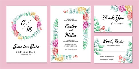 Fototapeta na wymiar Flower Watercolor Wedding Invitation Card Template