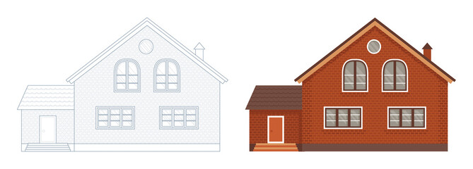 Outlined and colored brown house. Coloring page outline of home. Buildings project style. Vector village or city house.