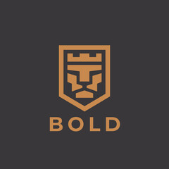 Royal lion logo mark design element. Abstract gold king crown icon. Bold leo animal shield symbol. Corporate business brand identity emblem. Vector illustration. © JoelMasson