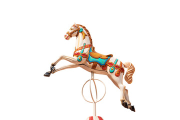 Close-up of a plastic horse of a carousel horses or merry-go-round isolated on white background....