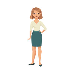 Woman Character in Skirt and Blouse in Standing Pose with Hand on Hip Vector Illustration