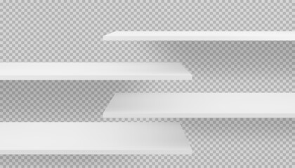 Long 3d empty blank wooden or plastic shelves mockup on transparent background with shadow. Template of book and magazine store organization for merchandising and marketing. Vector white bookshelf © Kusandra